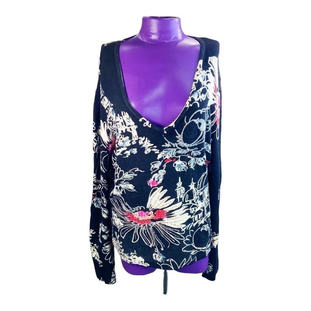 Cabo black red rayon floral beaded vneck sweater XL